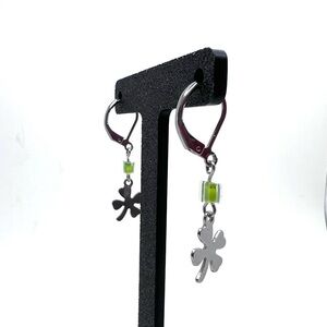 Stainless Steel Clover Earrings with Green Accents